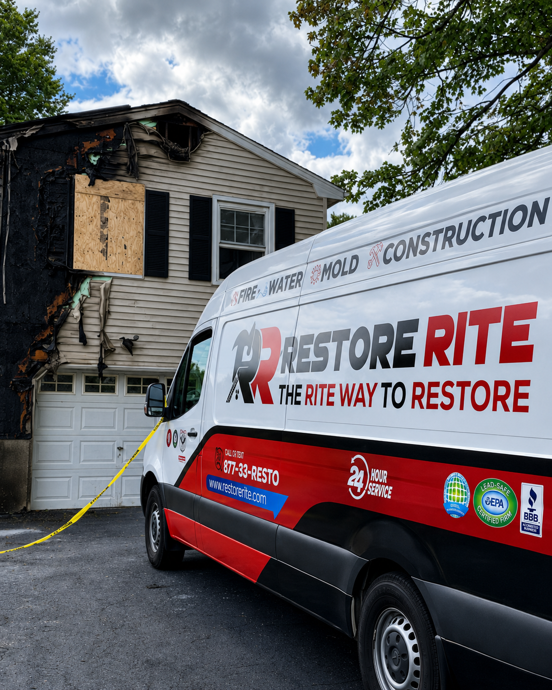 Restore Rite crew and service van responding to a fire damage restoration job