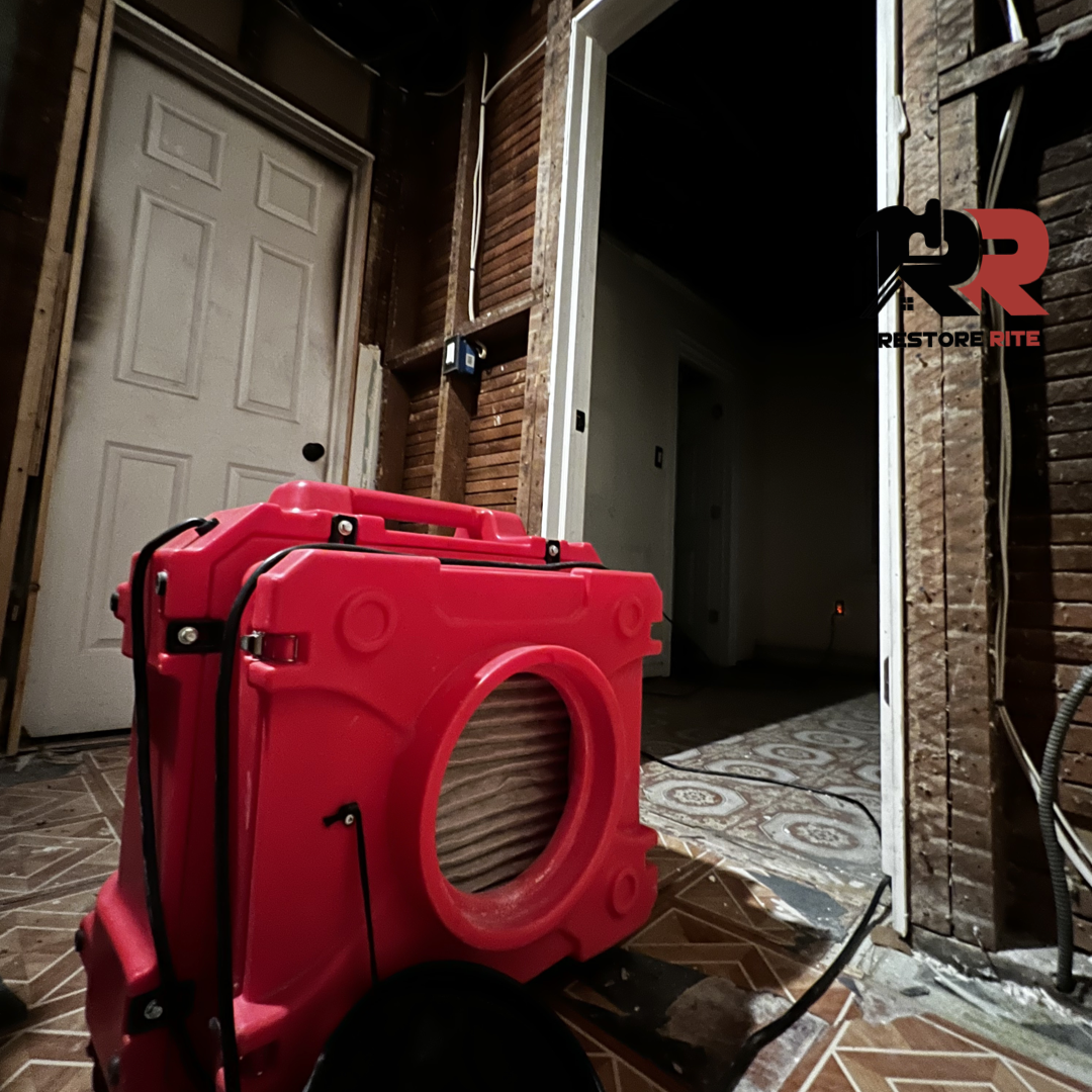 Industrial air scrubber running during structural drying after storm-driven water intrusion
