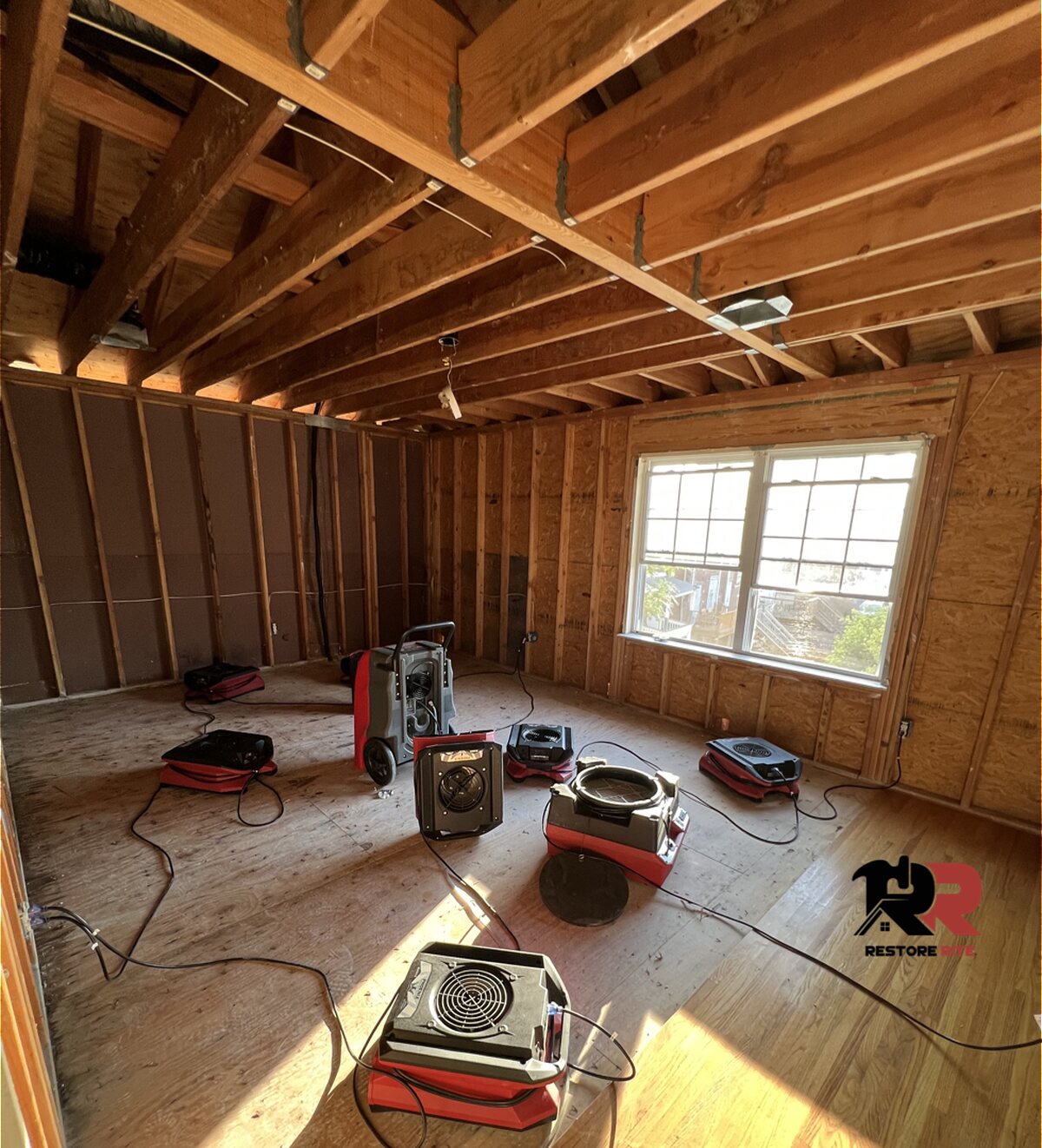 Commercial dehumidifiers and air movers deployed after flood damage cleanup