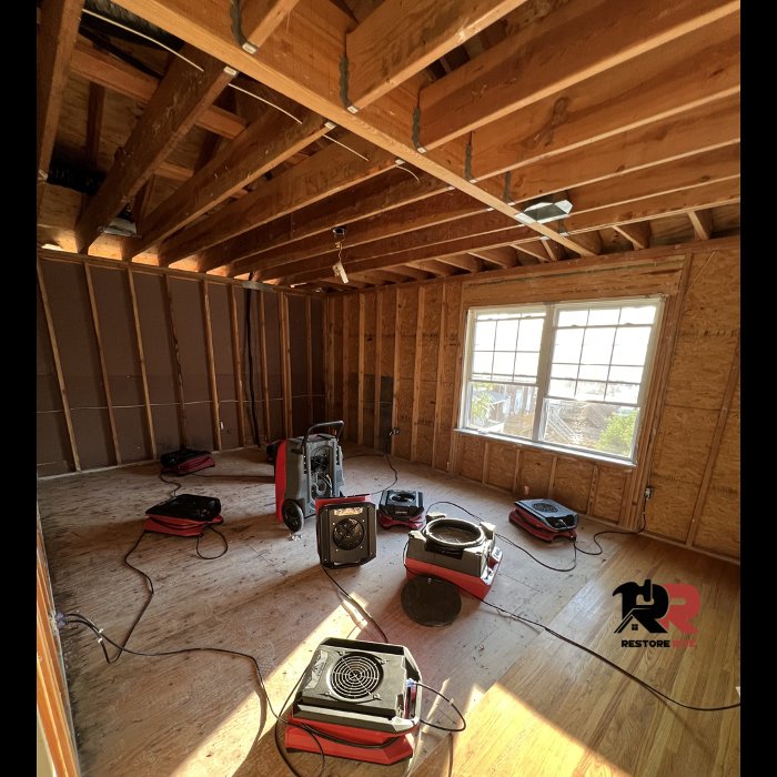 Industrial drying equipment staged across a large water-damaged commercial space